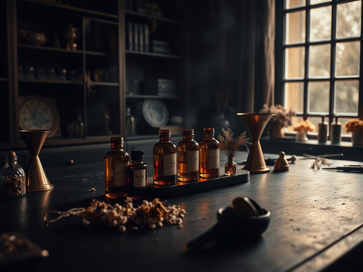 Perfumer's studio with amber oil vials in warm light