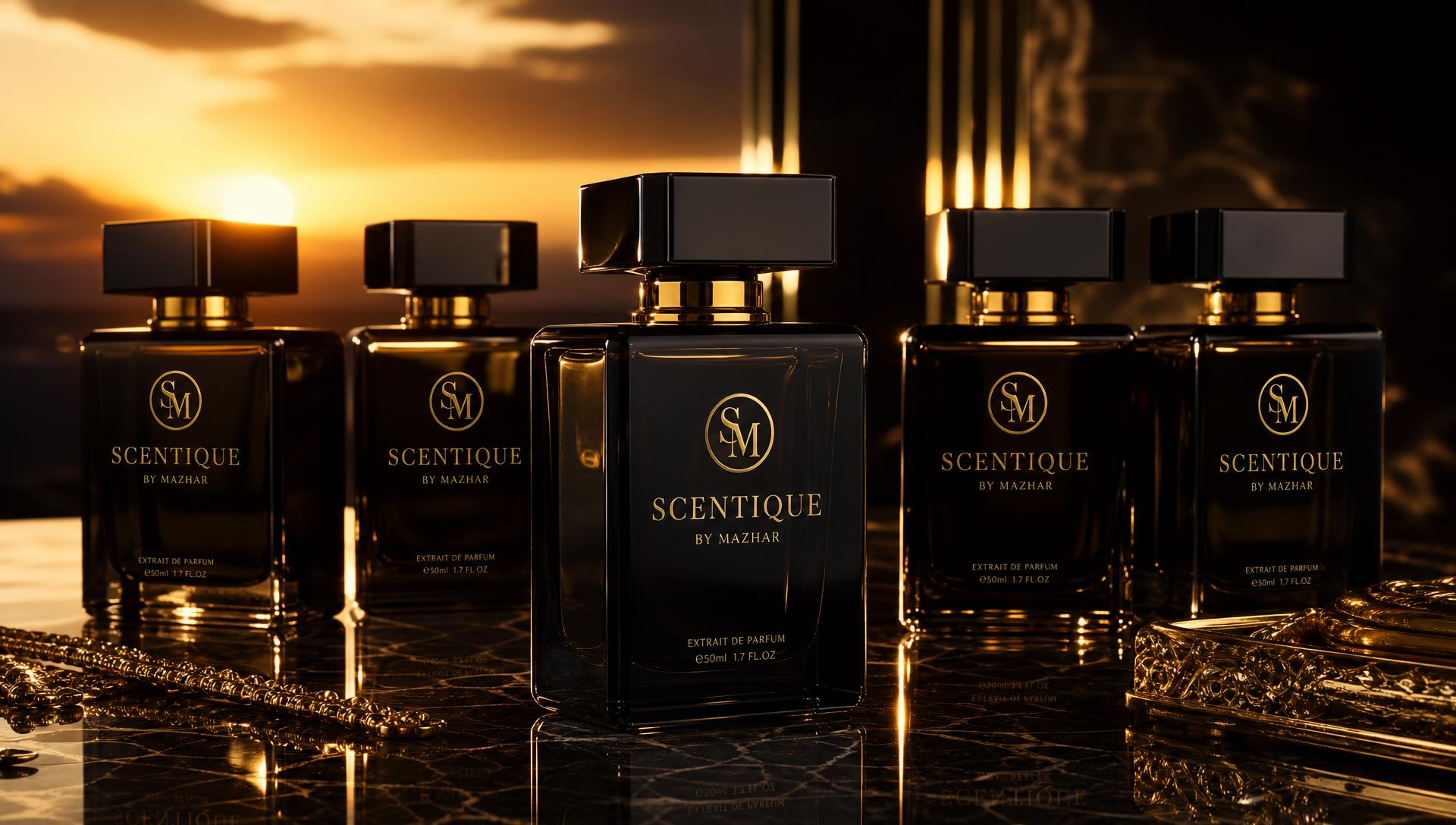 Scentique perfume bottles on marble at sunset
